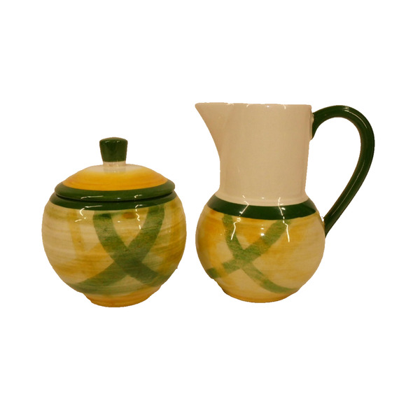 Vernonware Gingham Green Lidded Sugar Bowl And Creamer Set Hand Painted Vintage - Picture 1 of 13